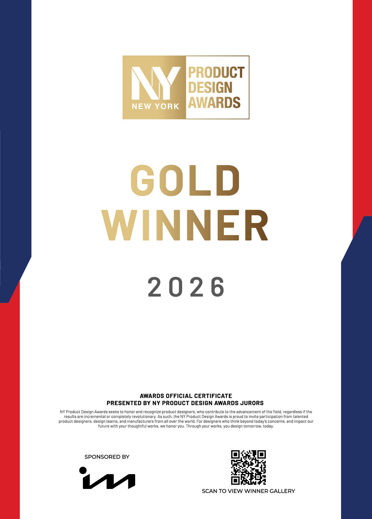 NY Product Design Awards Certificate